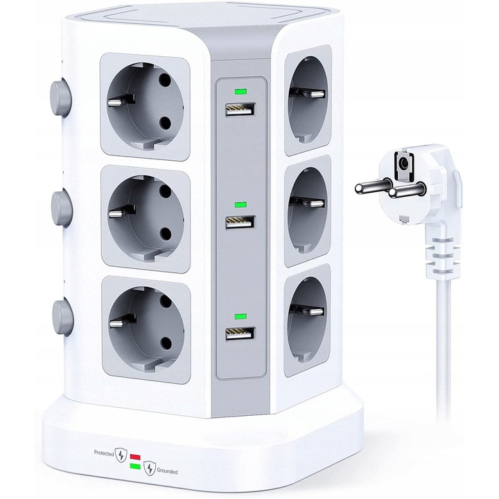 Prelungitor, 12 Prize, 2 m, 4000 W, Alb/Gri