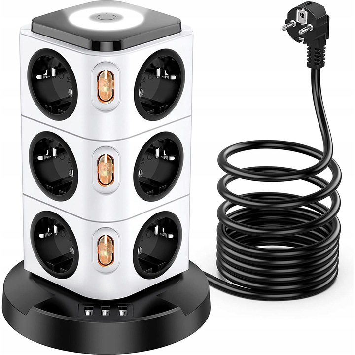Удължител за кула, ABS/PVC, LED осветление, 12 гнезда, 3 x USB, 3 м, Бял/Черен