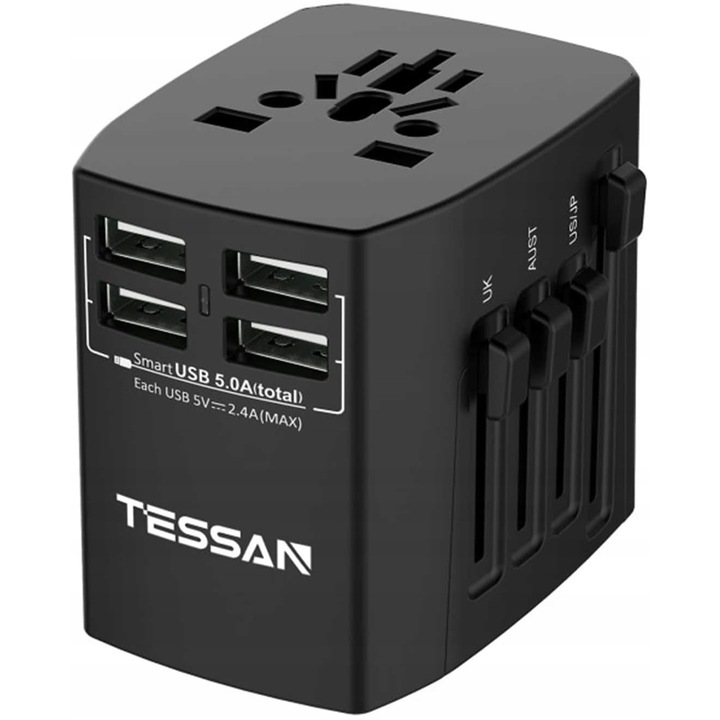 Adaptor de calatorie universal, 4 porturi USB, protectie dubla siguranta, 100-240V, Negru