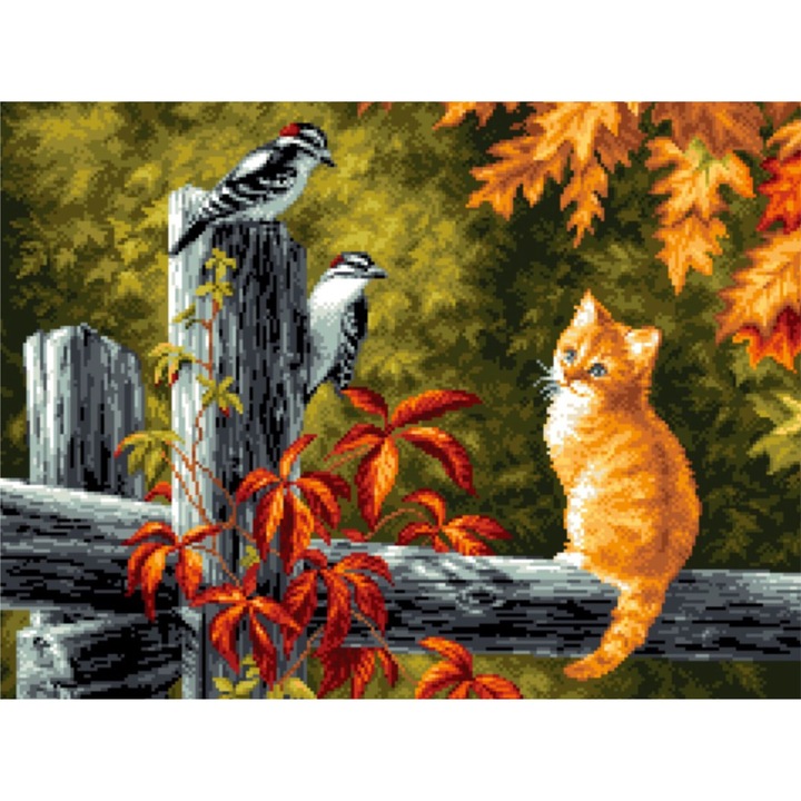 Goblen Motanel si ciocanitori, Rogoblen - kit goblen cu panza imprimata si fire mouline, dimensiuni 18 x 24 cm