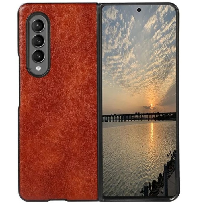 Husa de protectie pentru Samsung Galaxy Z Fold 3, Beline, Piele naturala, Maro