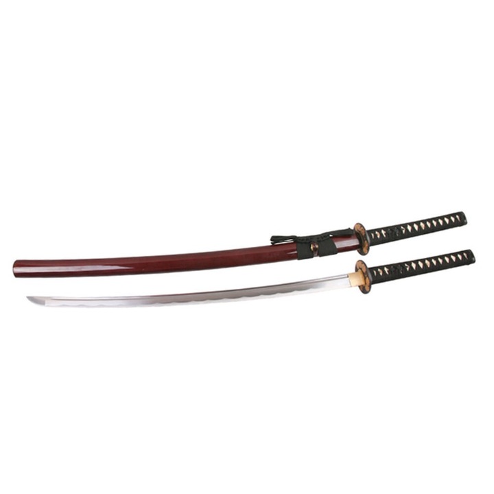 Sabie de Samurai Profesionala Katana cu Teaca Rosu, Otel carbon, Lemn Tare, 97.5cm, +stand DS034