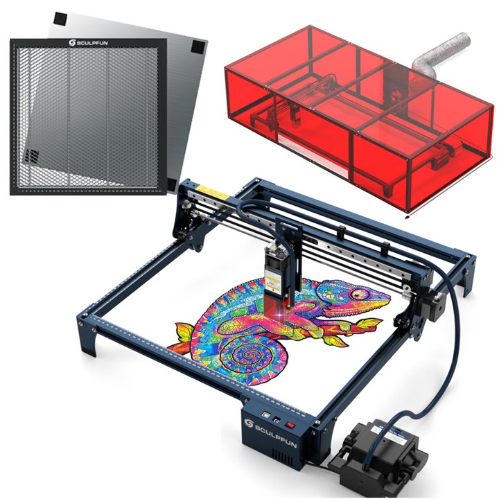 SCULPFUN S30 PRO lézergravírozó gép, XL lemez / Füst elszívó doboz