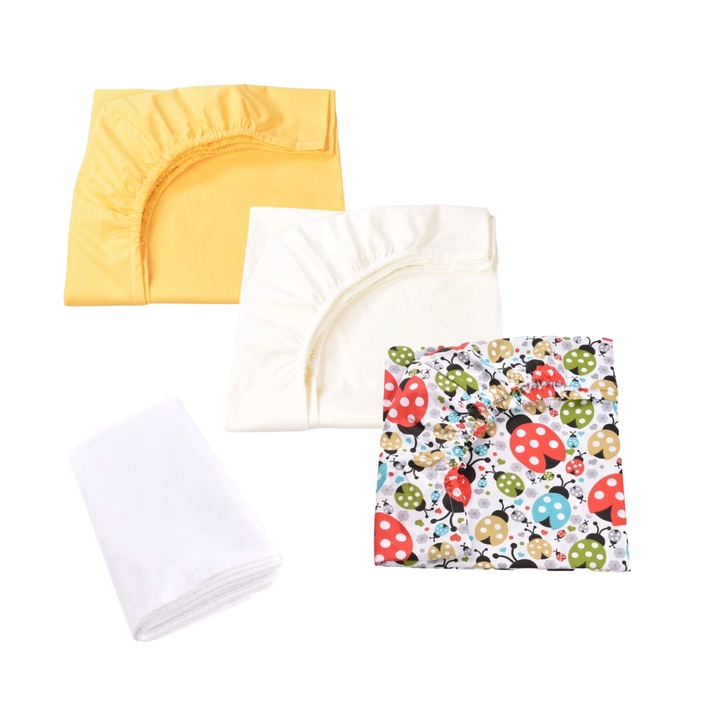 Set 3 cearsafuri galben crem si model buburuze si protectie impermeabila patut 90x40/50 cm