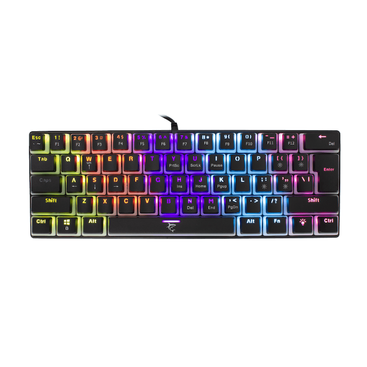 Tastatura mecanica gaming, White Shark, ASHIKO-B/R, cu fir, US Layout, 61 comutatoare rosii, Iluminare RGB, Negru