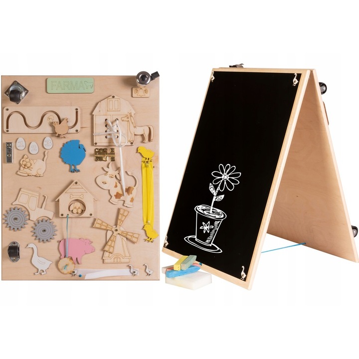 Дървена сензорна дъска тип Монтесори, 2 в 1 "LikeSmart Busy Board Farm Life", Дъска за писане, 5 Crete, Sponge, Brown