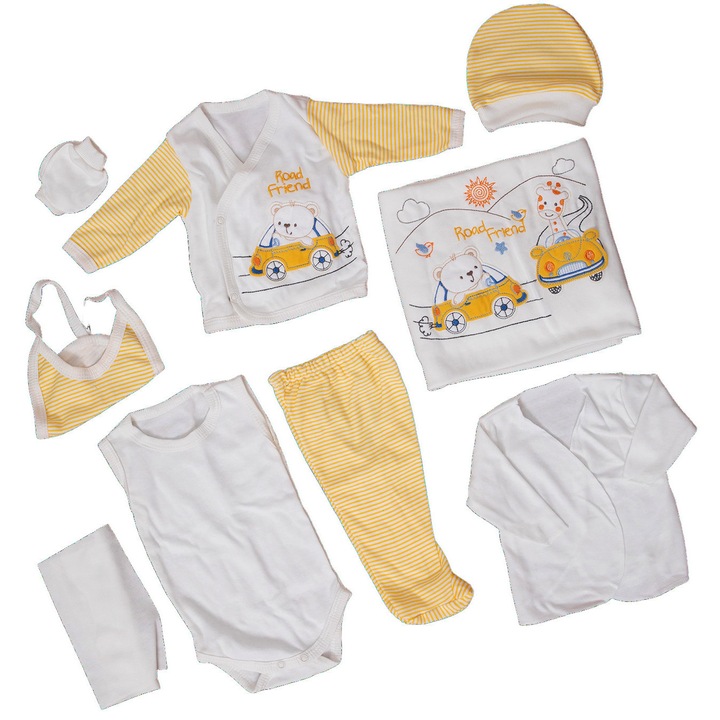 Set Compleu 10 piese pentru Bebelusi si Nou Nascuti, PETINO model Broderie Road Friend, din Bumbac Natural 100%, varsta 0-4 luni, Alb/Galben AK7463