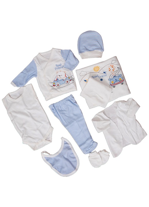 Set Compleu 10 piese pentru Bebelusi si Nou Nascuti, PETINO model Broderie Road Friend, din Bumbac Natural 100%, varsta 0-4 luni, Alb/Albastru deschis AK7463
