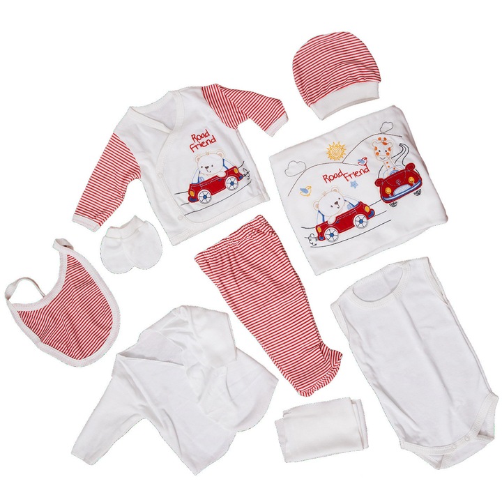 Set Compleu 10 piese pentru Bebelusi si Nou Nascuti, PETINO model Broderie Road Friend, din Bumbac Natural 100%, varsta 0-4 luni, Alb/Rosu AK7463