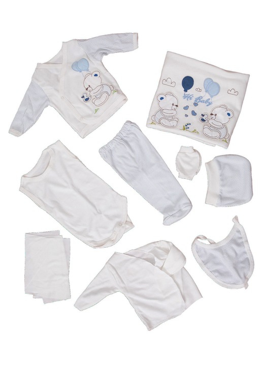 Set Compleu 10 piese pentru Bebelusi si Nou Nascuti, PETINO model Broderie Ursuleti, din Bumbac Natural 100%, varsta 0-4 luni, Alb/Albastru AK7464