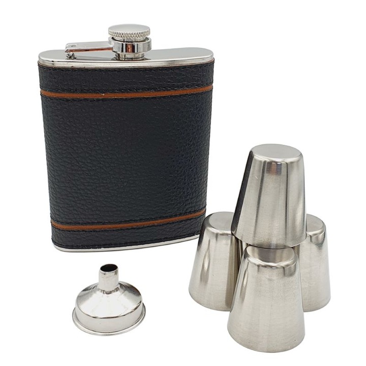 Комплект манерка Eleon 022279, 4 чашки и фуния, 200ml, Еко кожа