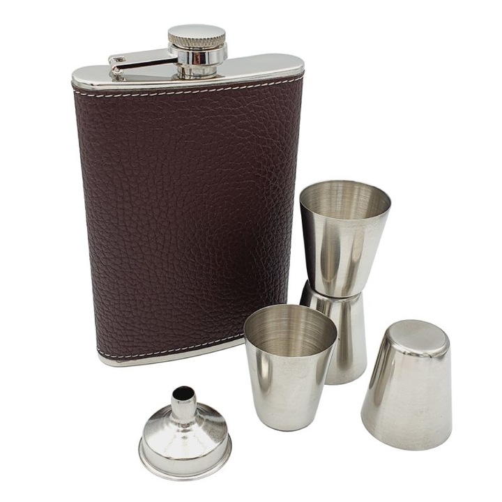 Комплект манерка Eleon 022274, 4 чашки и фуния, 240ml, Кафява кожа