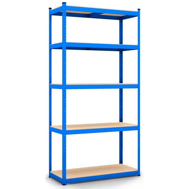 Raft metalic depozitare Q DECOR, 5 polite MDF, Standard, 200X120X60 cm, cadru metalic albastru, polite maro, 220 kg/ polita