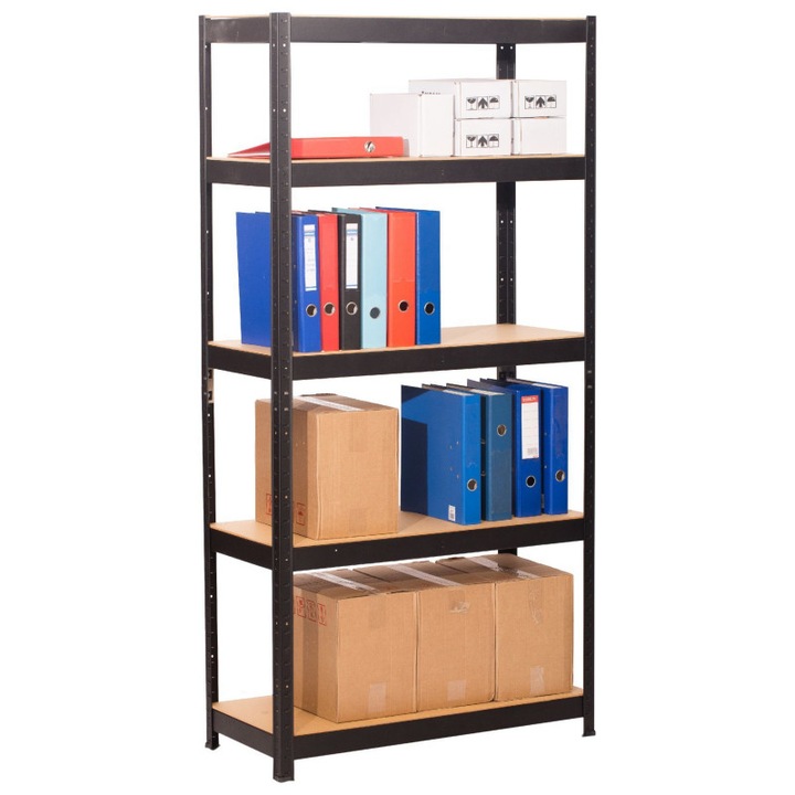 Raft metalic depozitare Q DECOR, 5 polite MDF, Buget, 180X120X45 cm, cadru metalic negru, polite maro, 175 kg/polita