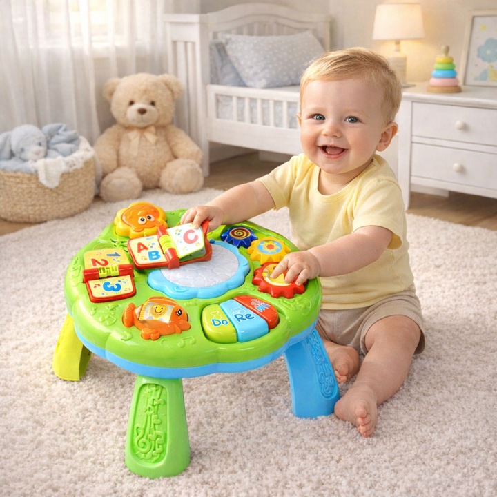 Masuta Interactiva 6 in 1 pentru Bebelusi IdealStore, Include Unelte Rotative care reda Muzica, Taste Muzicale, Accesorizata cu Sunete si Lumini, Stimuleaza Dezvoltarea Vizuala si Motorie