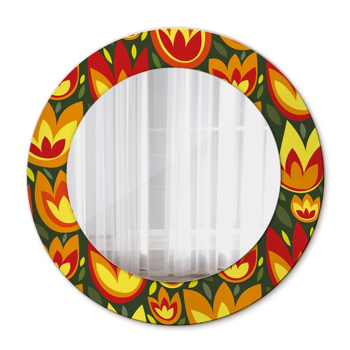 Fali tükör, Coloray, kerek, Retro Tulipánok, kerettel, Fekete, Ø50 cm, 010090550080300072610