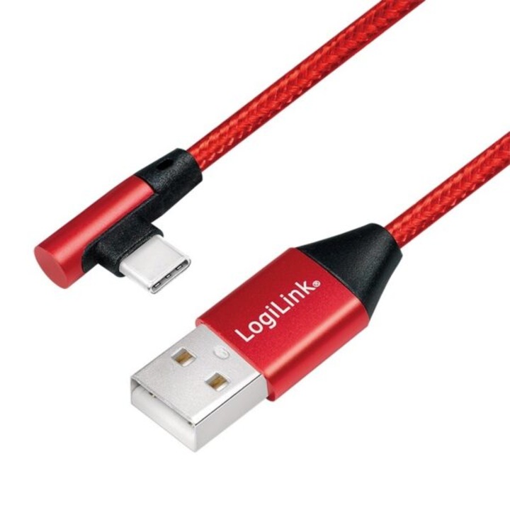 Logilink adatkábel, CU0145, USB 2.0 (T) – USB 2.0 Type-C (T) 90 fokos, 0,3 méteres, prémium, piros