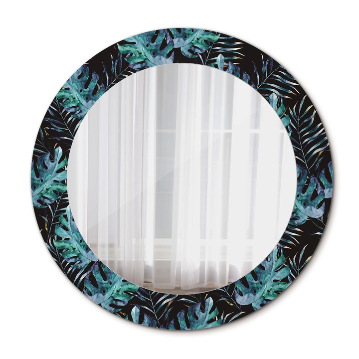 Fali tükör, Wallfluent, Egzotikus levelek, Kerek, Fekete, Ø60 cm, 010090550090300010874