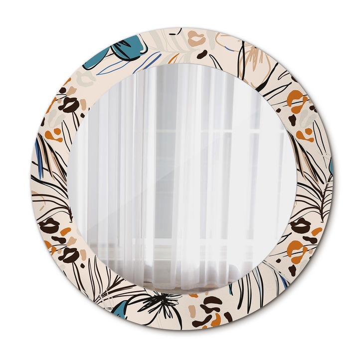 Fali tükör, Wallfluent, Virágok dzsungelmintával, Kerek, Bézs, Ø60 cm, 010090550090300072628