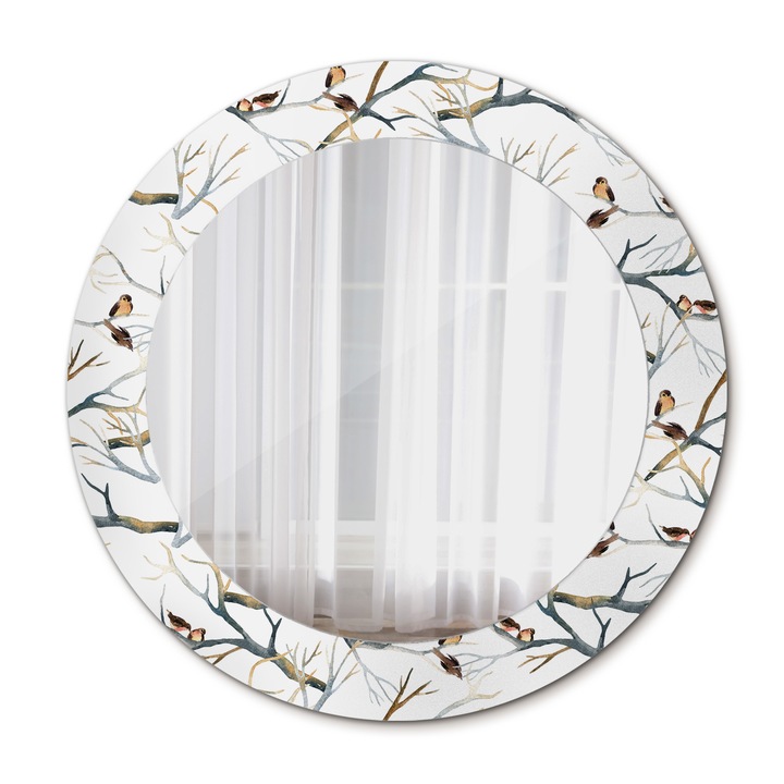 Fali tükör, Wallfluent, Sparrows Birds Branches, Kerek, Fehér, Ø60 cm, 010090550090300029445