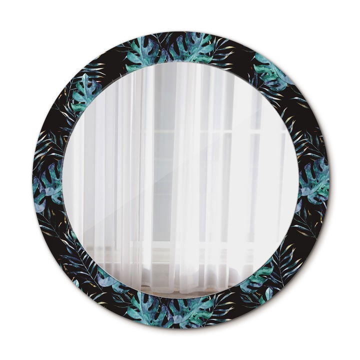 Fali tükör, Wallfluent, Egzotikus levelek, Kerek, Fekete, Ø70 cm, 010090550100300010874