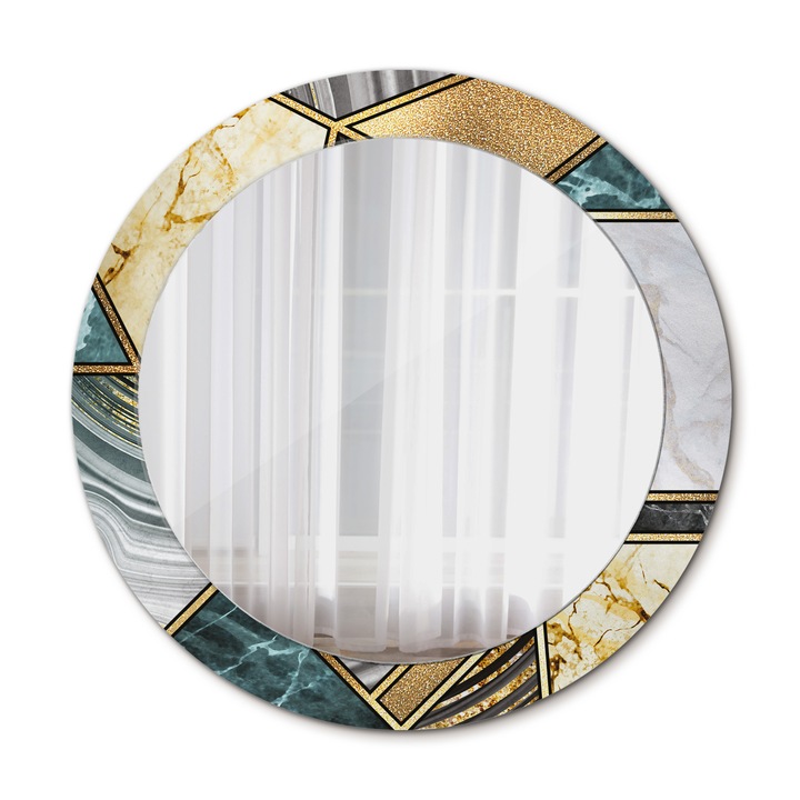 Fali tükör, Coloray, kerek, Márvány Achát És Arany, kerettel, Fekete, Ø70 cm, 010090550100300020897