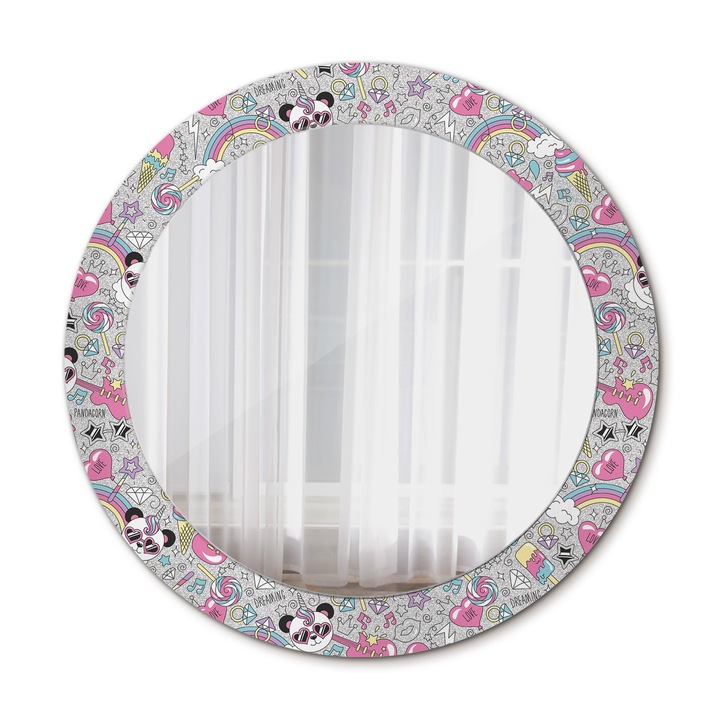 Fali tükör, Wallfluent, Panda Unicorn, Kerek, Rózsaszín, Ø70 cm, 010090550100300054066