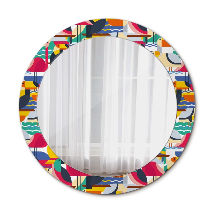 Fali tükör, Wallfluent, Geometrikus trópusi madarak, Kerek, Többszínű, Ø70 cm, 010090550100300072566