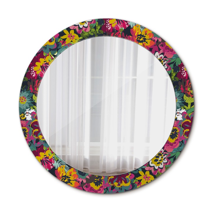 Fali tükör, Wallfluent, Festett virágok, Kerek, Többszínű, Ø70 cm, 010090550100300072594