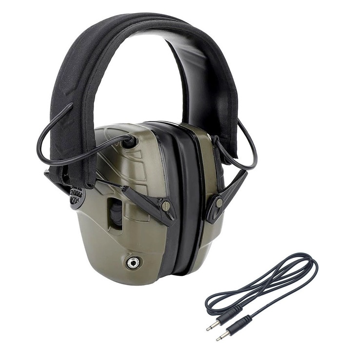 Casti fonice active, electronic antifonate, protectie auz, doua microfoane, functie casti audio prin jack, pentru vanatoare, paintball, airsoft, culoare Verde