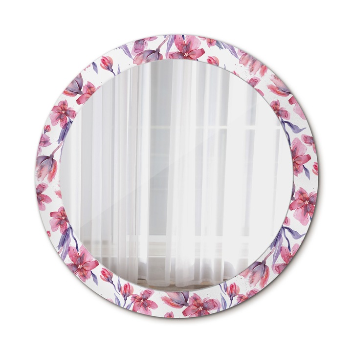 Fali tükör, Wallfluent, Akvarell virágok, Kerek, Rózsaszín, Ø80 cm, 010090550110300010810