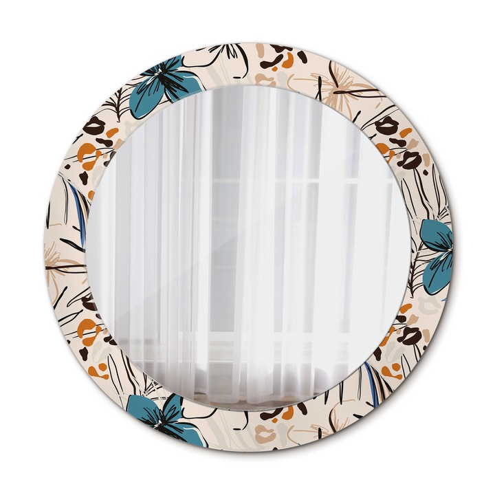 Fali tükör, Wallfluent, Virágok dzsungelmintával, Kerek, Bézs, Ø70 cm, 010090550100300072628