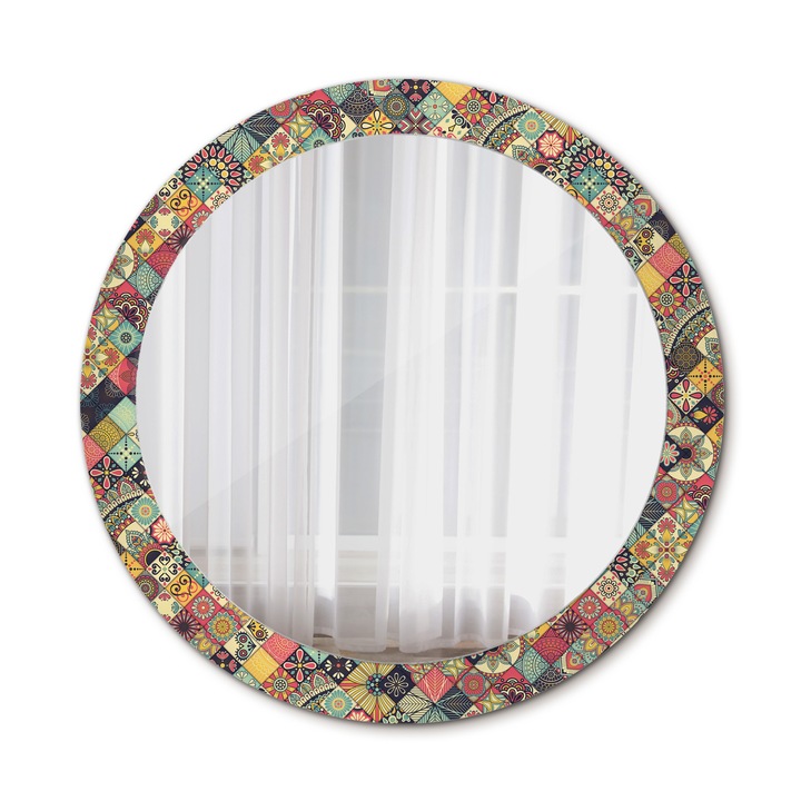 Fali tükör, Coloray, kerek, Etnikai Virágos, kerettel, Fekete, Ø80 cm, 010090550110300013179