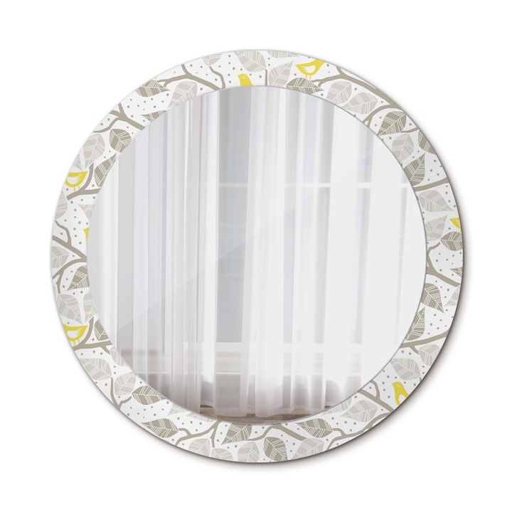 Fali tükör, Wallfluent, Madarak az ágakon, Kerek, Fehér, Ø80 cm, 010090550110300030007