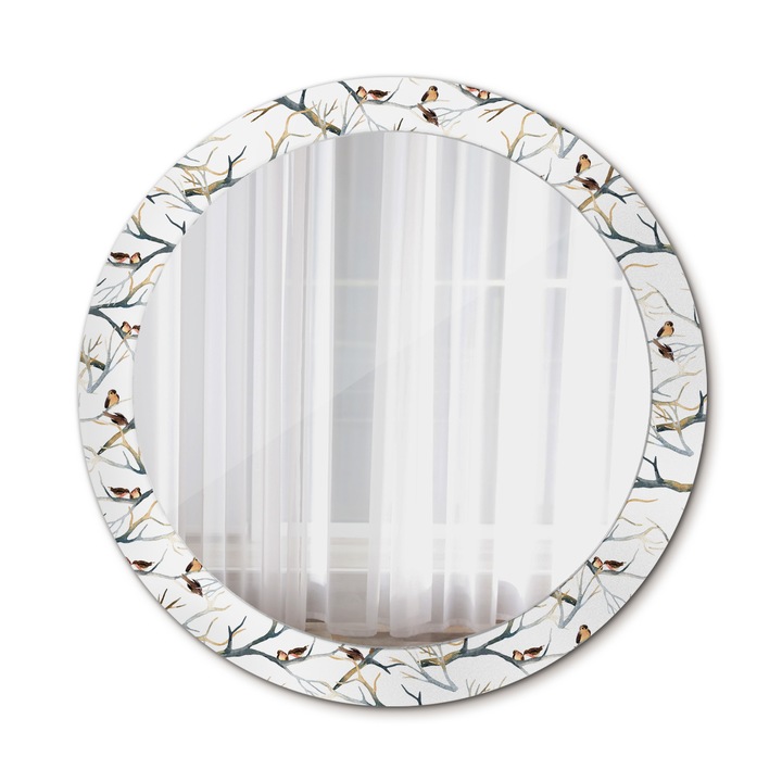 Fali tükör, Wallfluent, Sparrows Birds Branches, Kerek, Fehér, Ø80 cm, 010090550110300029445