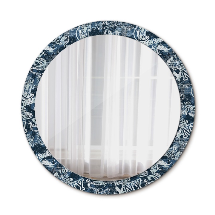 Fali tükör, Wallfluent, New York Collage, Kerek, Kék, Ø90 cm, 010090550120300072647