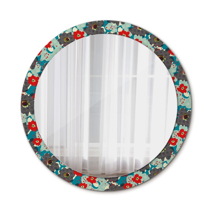 Fali tükör, Wallfluent, Retro virágmintás, Kerek, Piros, Ø90 cm, 010090550120300072583