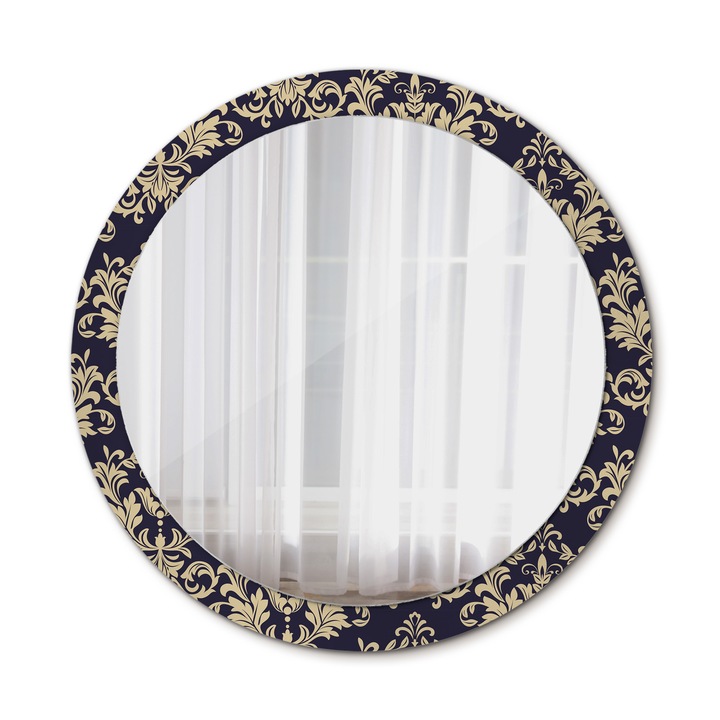 Fali tükör, Wallfluent, Virágmintás, Kerek, Fekete, Ø90 cm, 010090550120300053973