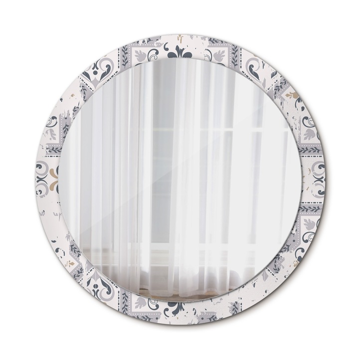 Fali tükör, Wallfluent, Retro csempe, Kerek, Szürke, Ø90 cm, 010090550120300072636