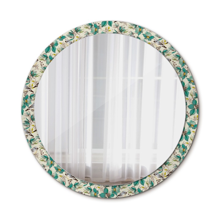 Fali tükör, Wallfluent, Virágok és madarak, Kerek, Türkiz, Ø100 cm, 010090550130300031217