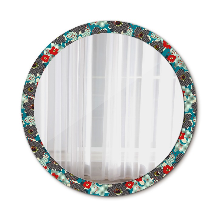 Fali tükör, Wallfluent, Retro virágmintás, Kerek, Piros, Ø100 cm, 010090550130300072583