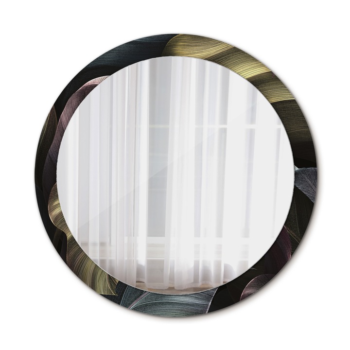 Fali tükör, Wallfluent, Sötét trópusi levelek, Kerek, Fekete, Ø90 cm, 010090550120300054019