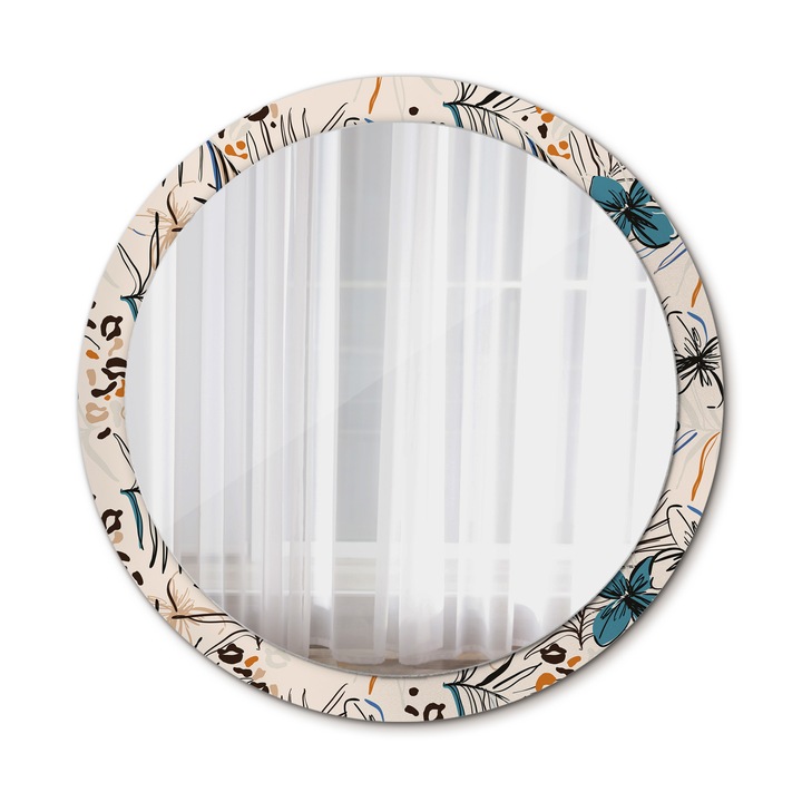 Fali tükör, Coloray, kerek, Virágok Dzsungel Mintával, kerettel, Kék, Ø100 cm, 010090550130300072628