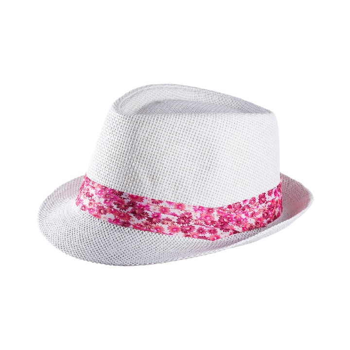 Palarie dama, A&K, Paie, Alb/Roz, 57 cm