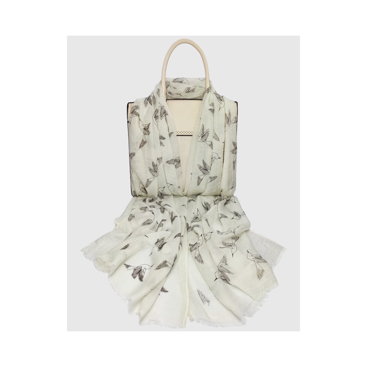 Esarfa Pashmina Femei Ecru cu pasari si franjuri subtiri