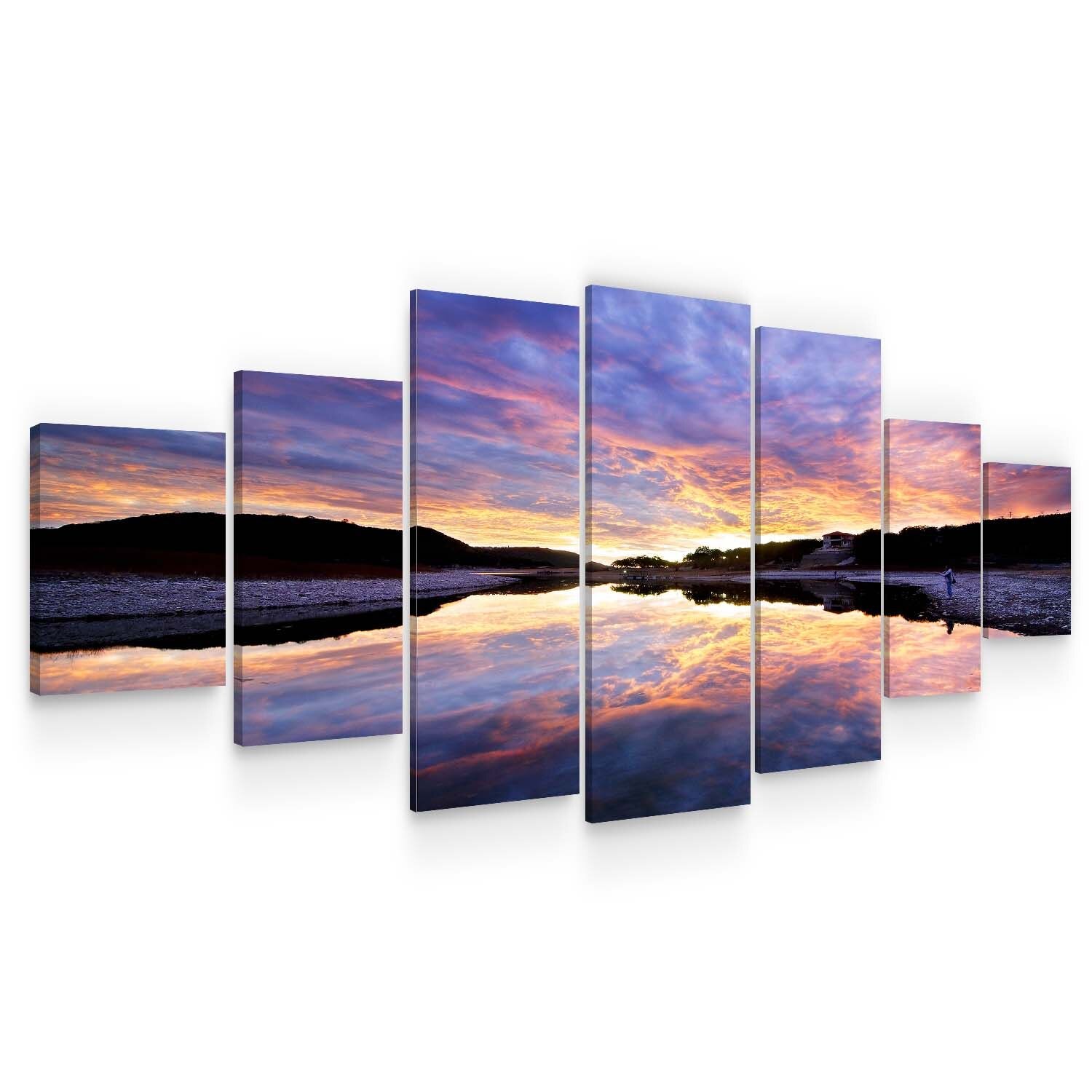 Set Tablou DualView Startonight Apus violet peste apa, 7 piese, luminos in intuneric, 100 x 240 cm
