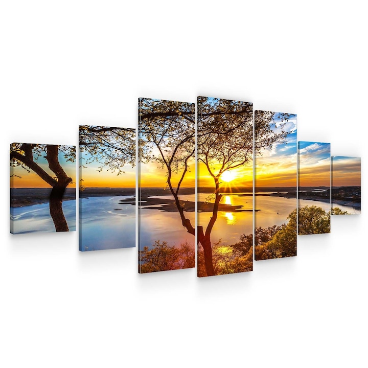 Картинa пано DualView Startonight Залез над езеро, 7 части, светлина в тъмнотo, 100 x 240 см