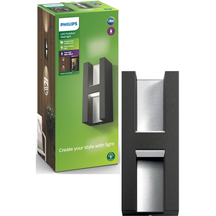 Aplica LED integrat pentru exterior Philips myGarden Shadow, 2x4.5W, 1000 lm, IP44, Gri inchis, clasa energetica F