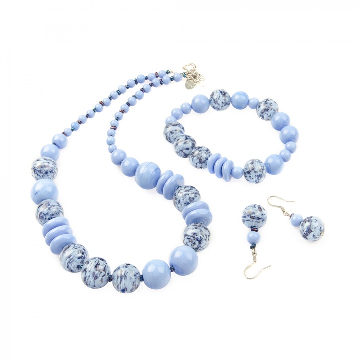 Set bijuterii din sticla de Murano, colier, bratara si cercei Millefiori Stefania, bleu