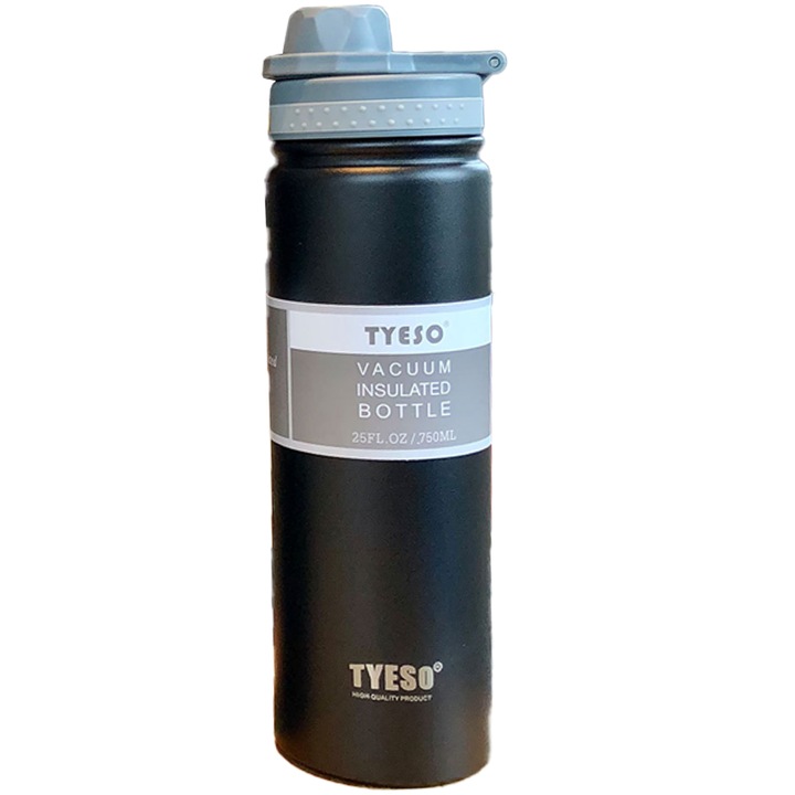 Спортна бутилка за вода, Tyeso, неръждаема стомана, черно/сиво, с капак, 750 ml